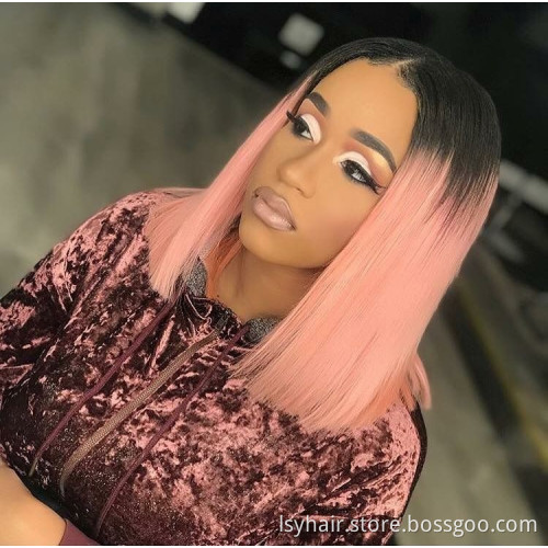 Lsy natural hairline middle part ombre pink bob wig 100% human hair,  best quality glueless bob wigs color rose gold lace wig